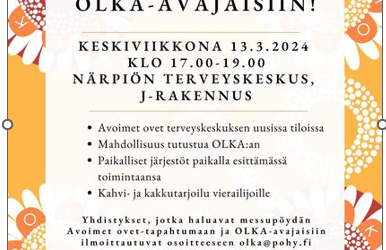 Avoimet ovet ja OLKA-toiminnan avajaiset Närpiön terveyskeskuksessa 13.3 klo 17-19!