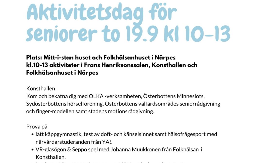 Aktivitetsdag förseniorer to 19.9 kl 10-13