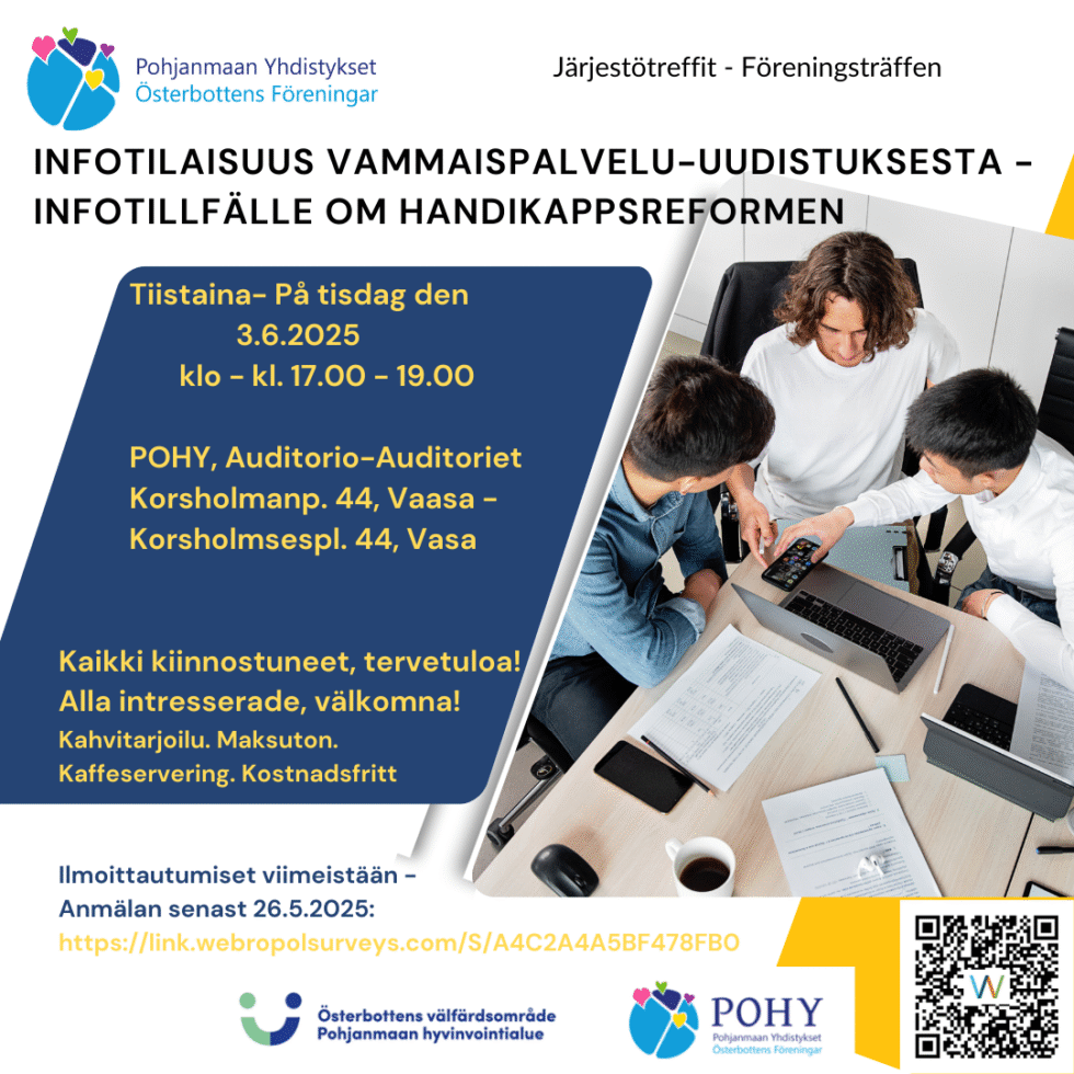 Ihmisiä yhdessä tietokoneiden ympärillä, tekstiä, ilmoittautumislinkki, QR-koodi